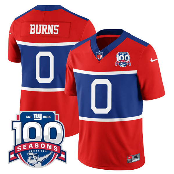 Men's New York Giants #0 Brian Burns Century Red 100TH Season Commemorative Patch Limited Stitched Football Jersey